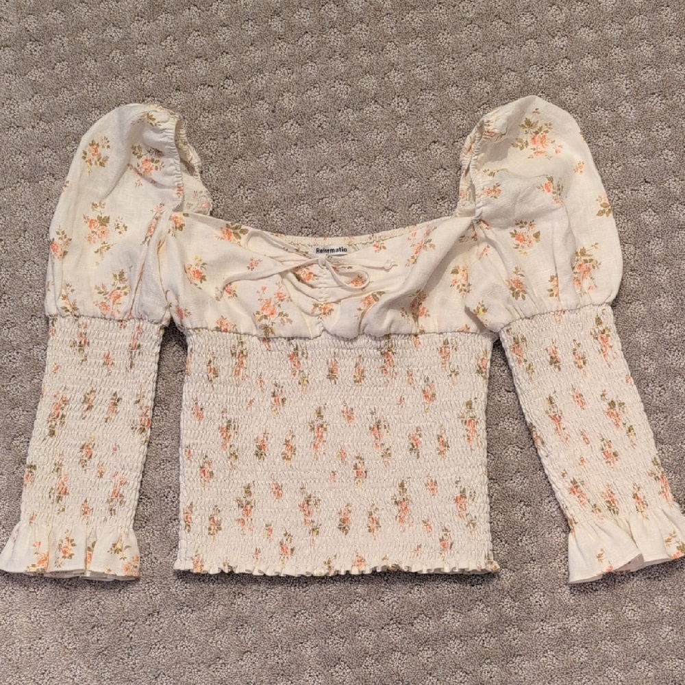 Reformation 100% Linen Haven Puff Sleeve Smoked Top Mildred Cream Floral